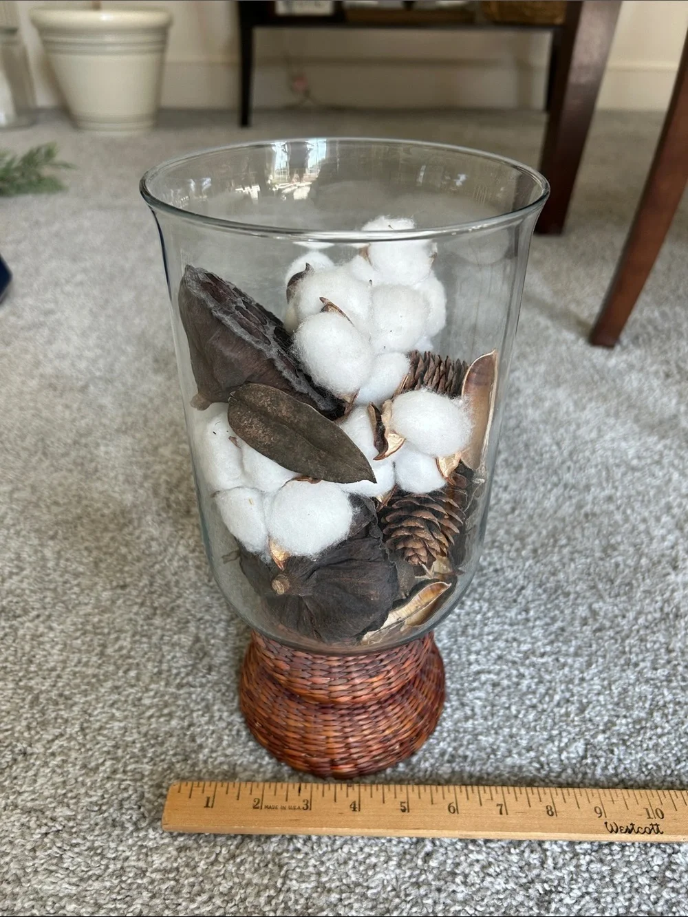 Clear Glass Decorative Hurricane Vase with White Cotton & Brown Woven Base
